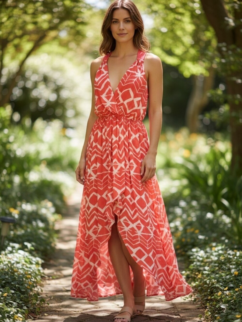 Foreign Exchange Red/Orange and White High Low Sundress Halter Asymmetric Sz. S